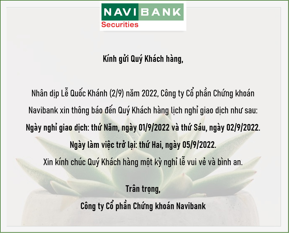 Thông báo lịch nghỉ giao dịch nhân dịp lễ Quốc khánh 02/9/2022